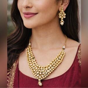 Indian Style Gold Kundan Necklace 3 Piece Set For Weddings Earrings & Hair Tikka